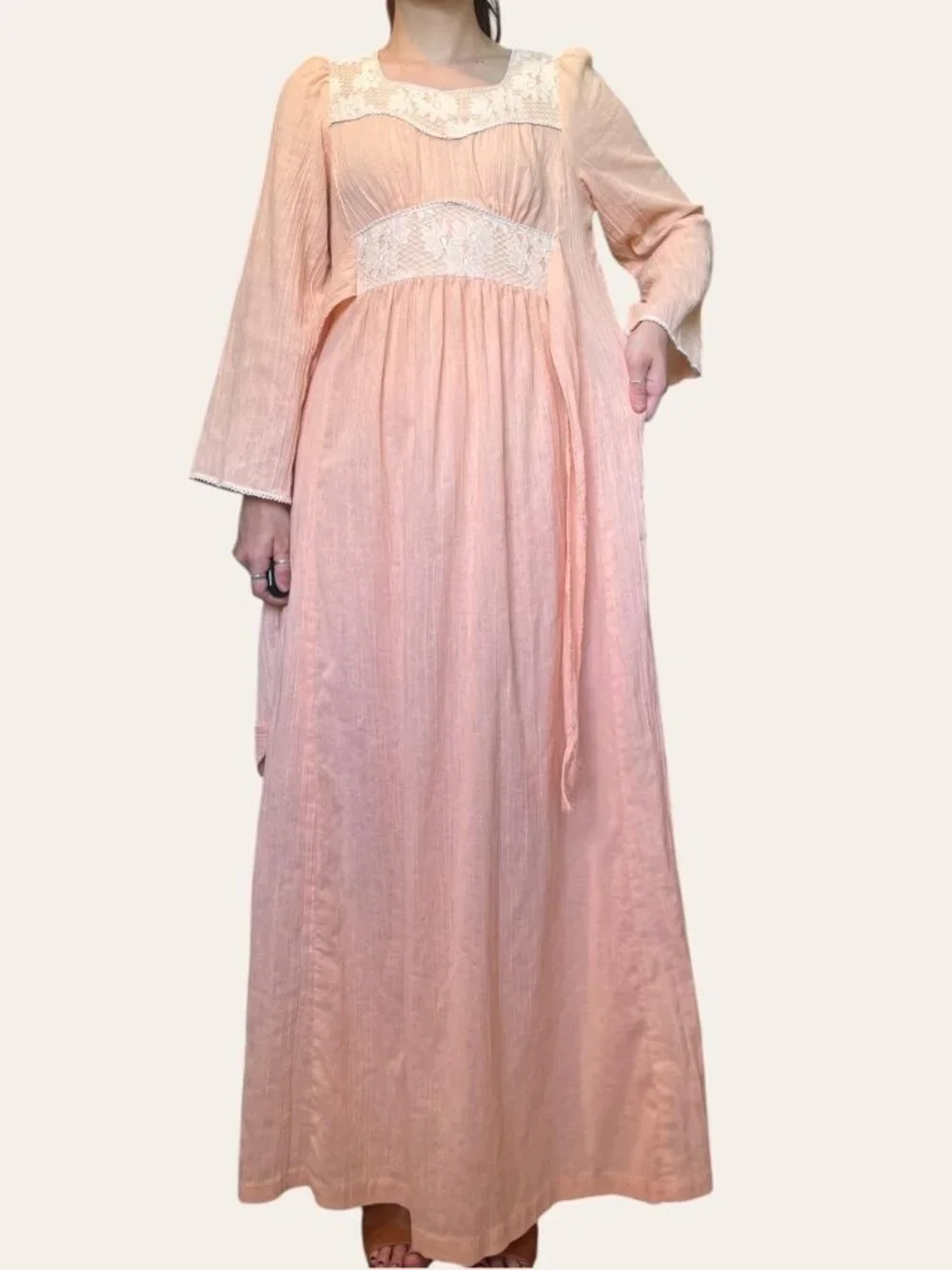 Handmade 70s vintage peach lace cottagecore maxi dress - XS/Small/Medium